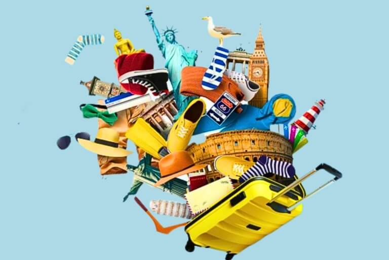 Travel essentials and landmarks collage with yellow suitcase.