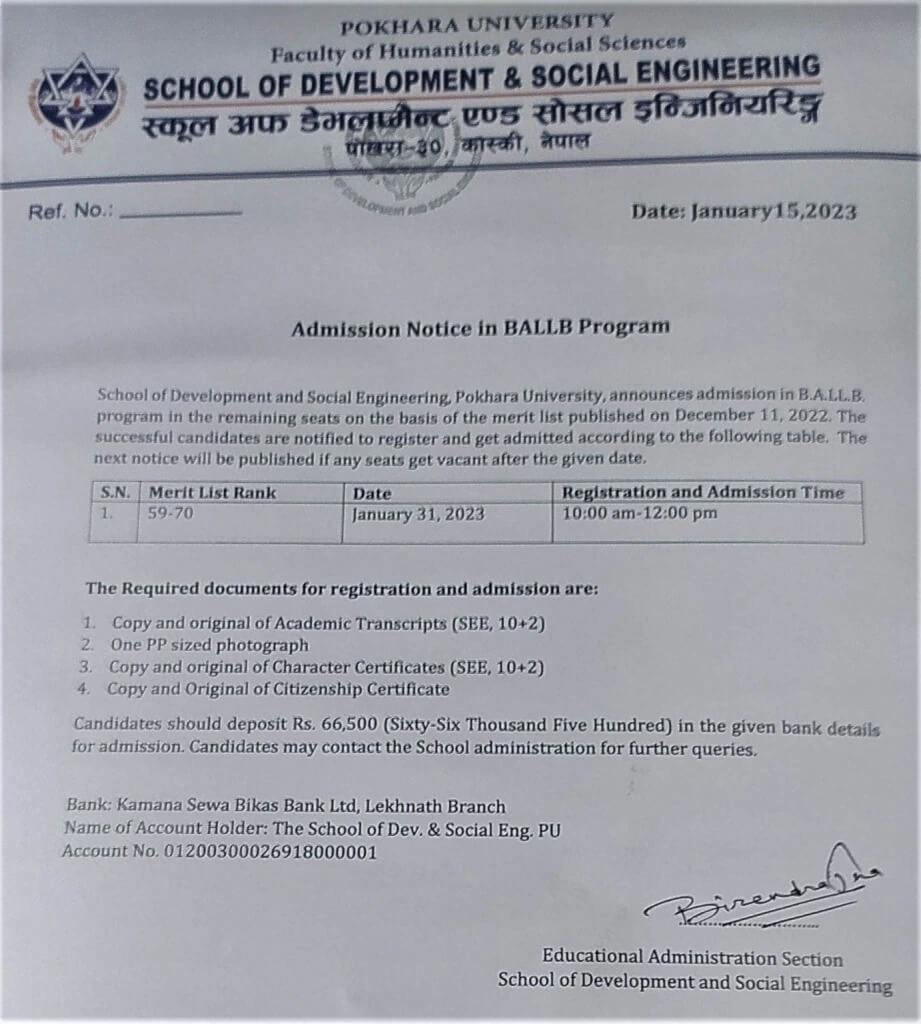 Admission Notice in BALLB Program