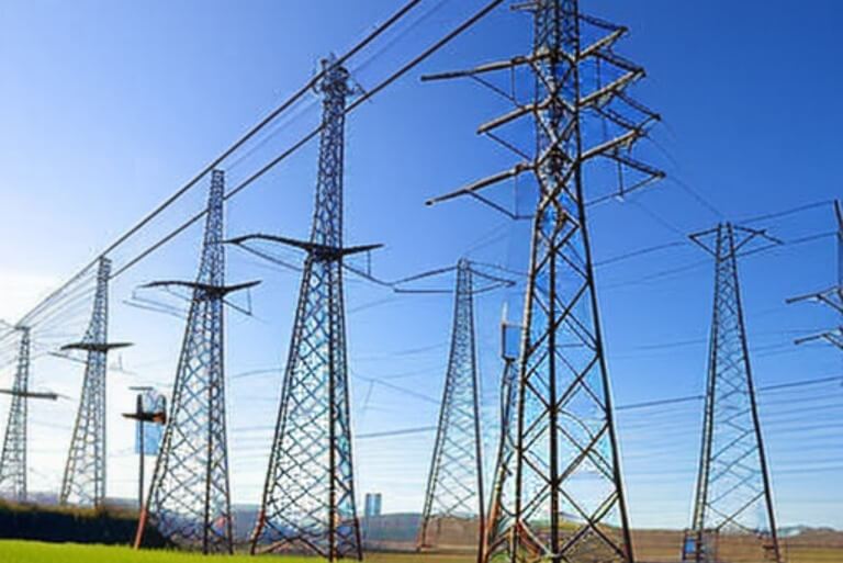 Electricity transmission towers under clear blue sky.