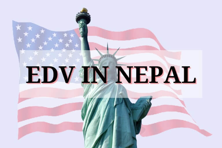 Statue of Liberty with USA flag and "EDV in Nepal" text.
