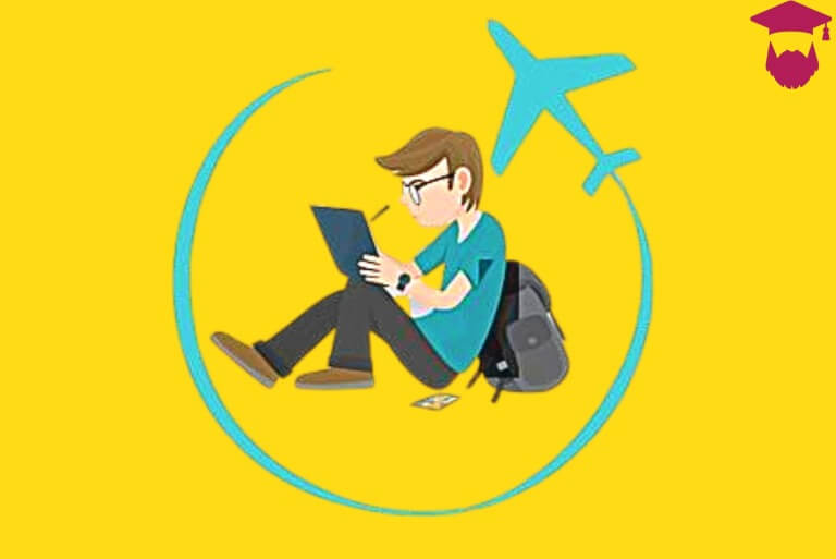 Traveler using a laptop, airplane icon, yellow background.