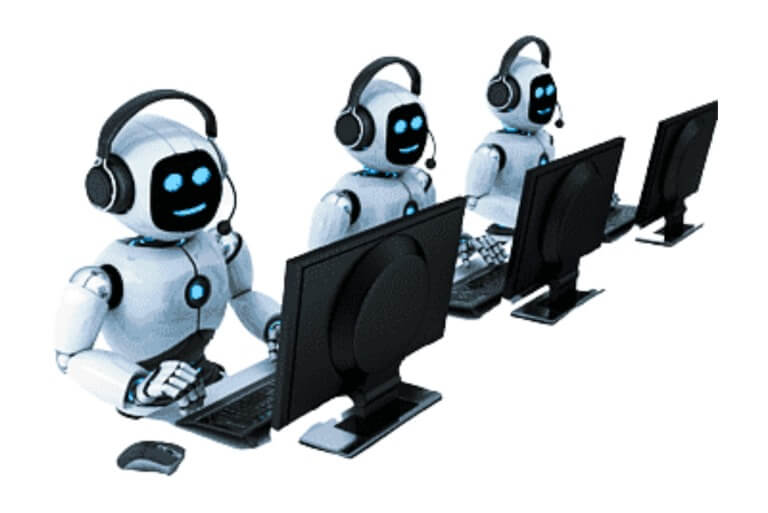 Robots with headsets working on computers, AI automation.