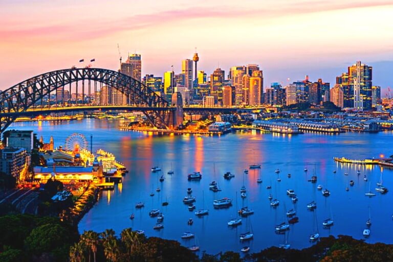 Sydney skyline at sunset, featuring the iconic harbor and bridge.