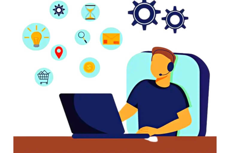 Customer support representative at a desk with digital icons.