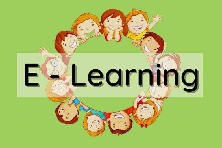 E-Learning concept with smiling cartoon children.
