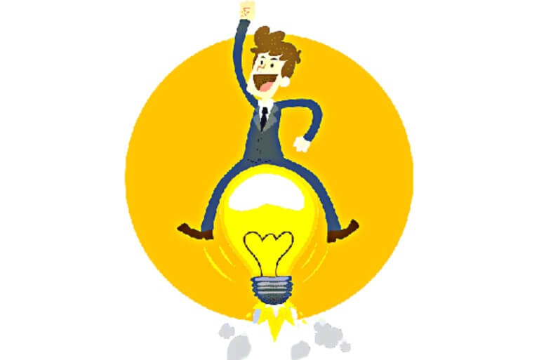 Animated man riding a bright light bulb rocket.