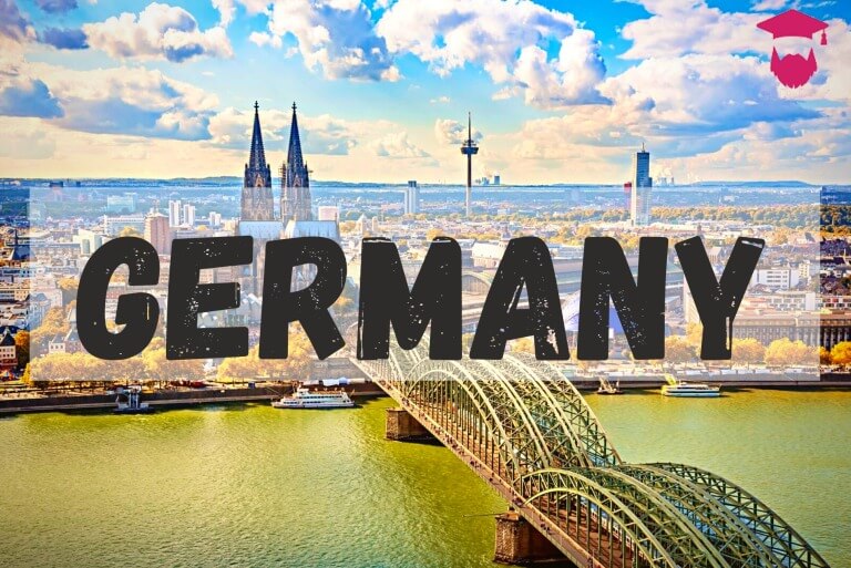 Germany skyline with iconic cathedral and bridge.