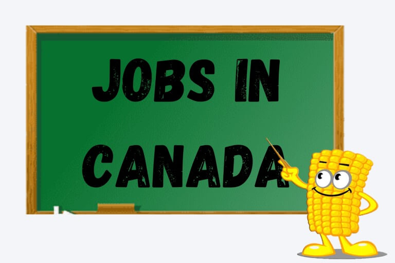 Cartoon corn teaching "Jobs in Canada" on a chalkboard.