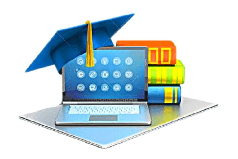 Laptop with graduation cap and books, symbolizing online education.