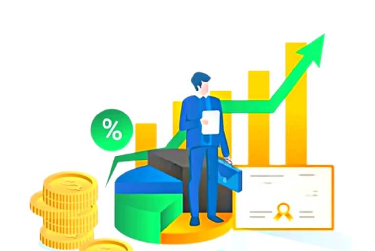 Business growth concept with charts and coins.