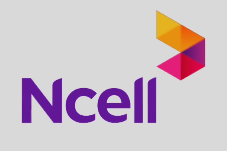 Ncell logo with purple text and colorful geometric design.