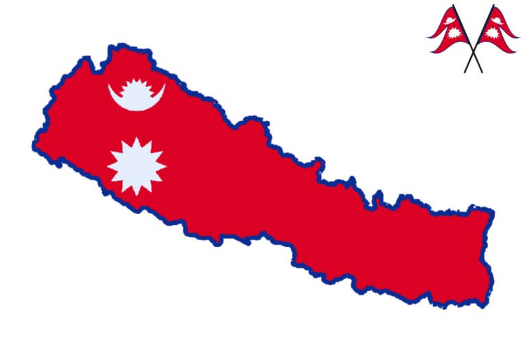 Map of Nepal in flag colors with symbol icons.