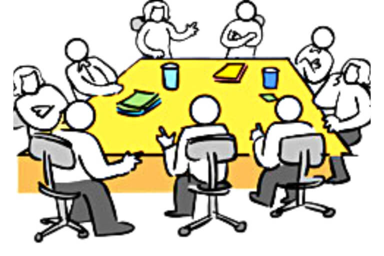Cartoon of people in a meeting around a yellow table.