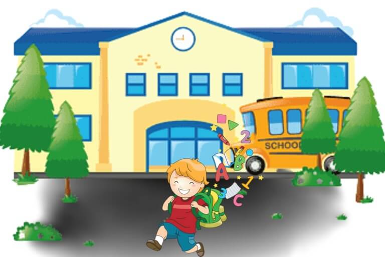 Child joyfully arriving at school with a backpack.