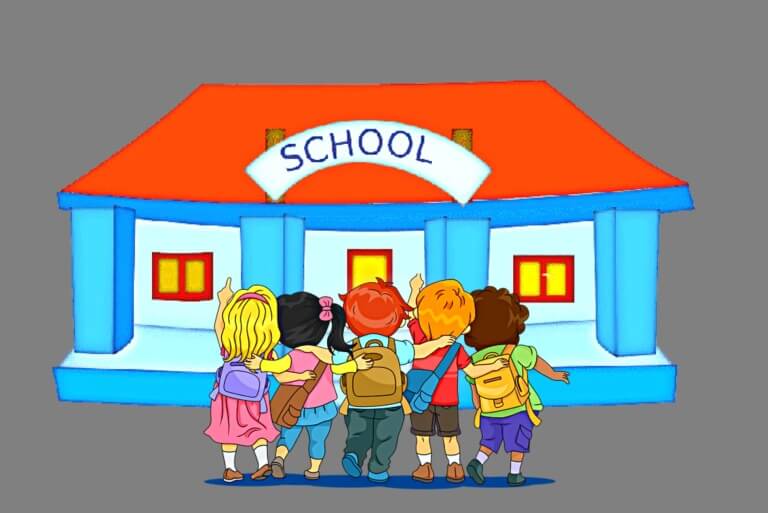 Children walking to school with backpacks.