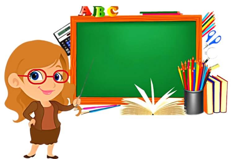 Cartoon teacher with supplies by green chalkboard.