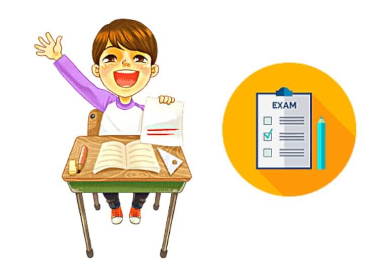 Student celebrates passing exam at desk with checklist icon.