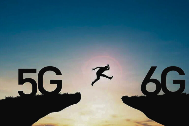 Person jumping from 5G to 6G, symbolizing technological leap.