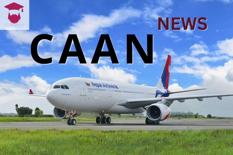 Nepal Airlines plane on runway with CAAN news text.
