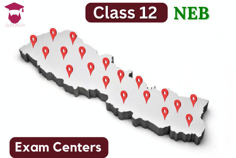 Map of Nepal with Class 12 NEB exam centers marked.