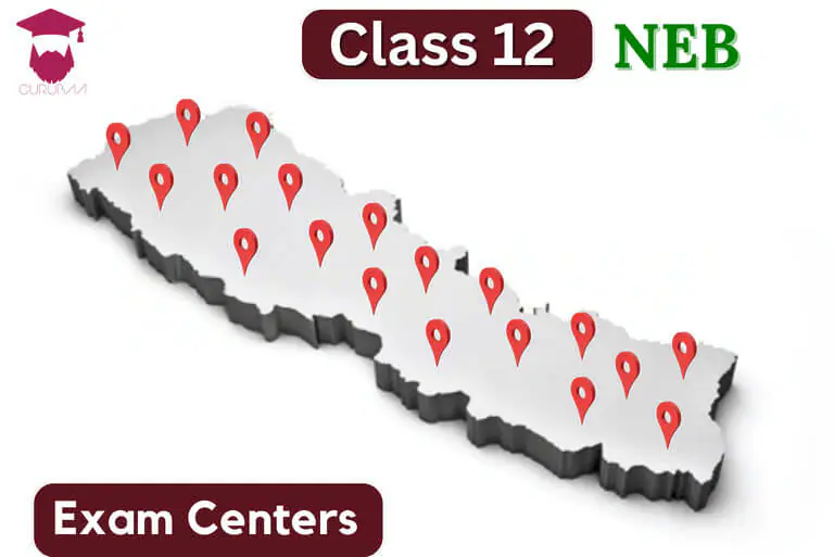 Map of Nepal with Class 12 NEB exam centers marked.