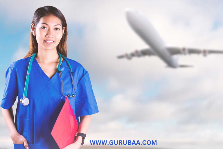 Nurse in blue scrubs with an airplane in the background.