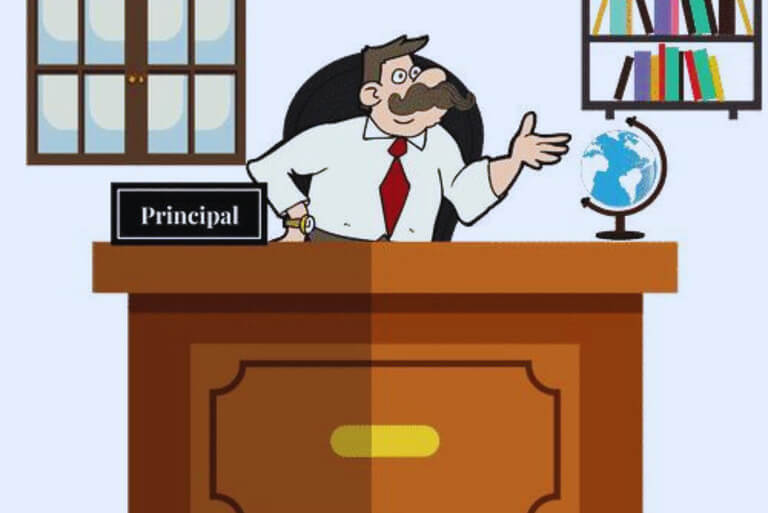Cartoon principal at desk with globe and bookshelf.