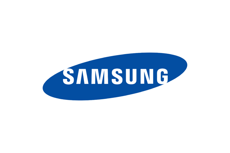 Samsung logo in blue and white, oval design.