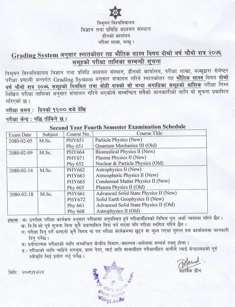 msc physics fourth semester exam routine