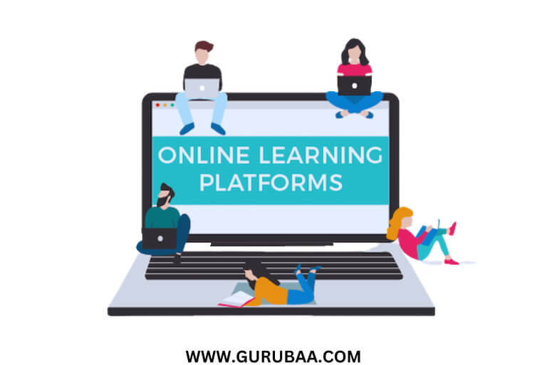 Online learning platforms illustration with people and laptops.