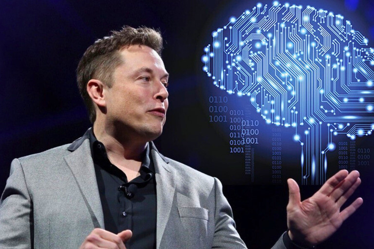 Man discussing AI technology with digital brain illustration.