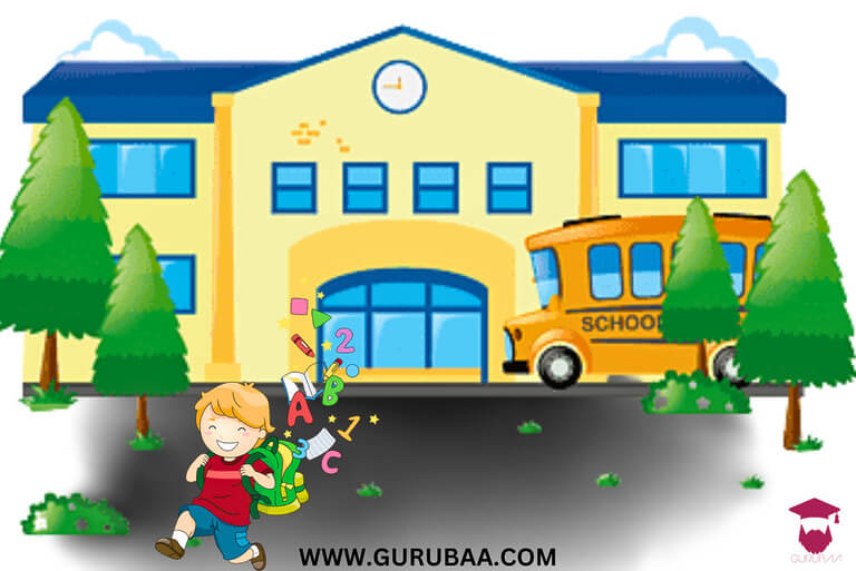 Cheerful child outside colorful school building.