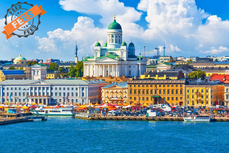 Helsinki waterfront with cathedral and market stalls.