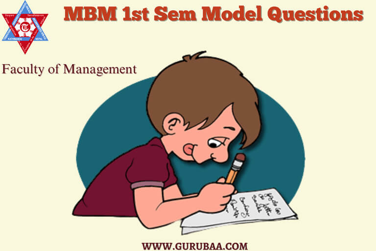 Cartoon boy writing MBM 1st Sem Model Questions.