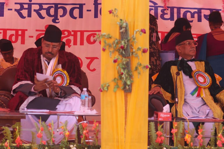 Ceremony attendees in traditional attire, vibrant decoration