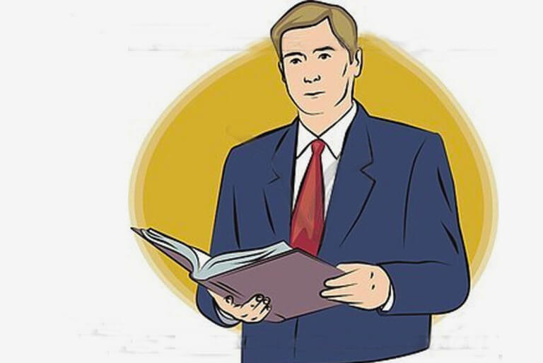 Illustration of a man in a suit reading a book.