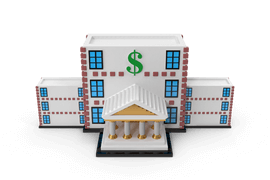 Bank building model with a green dollar sign.