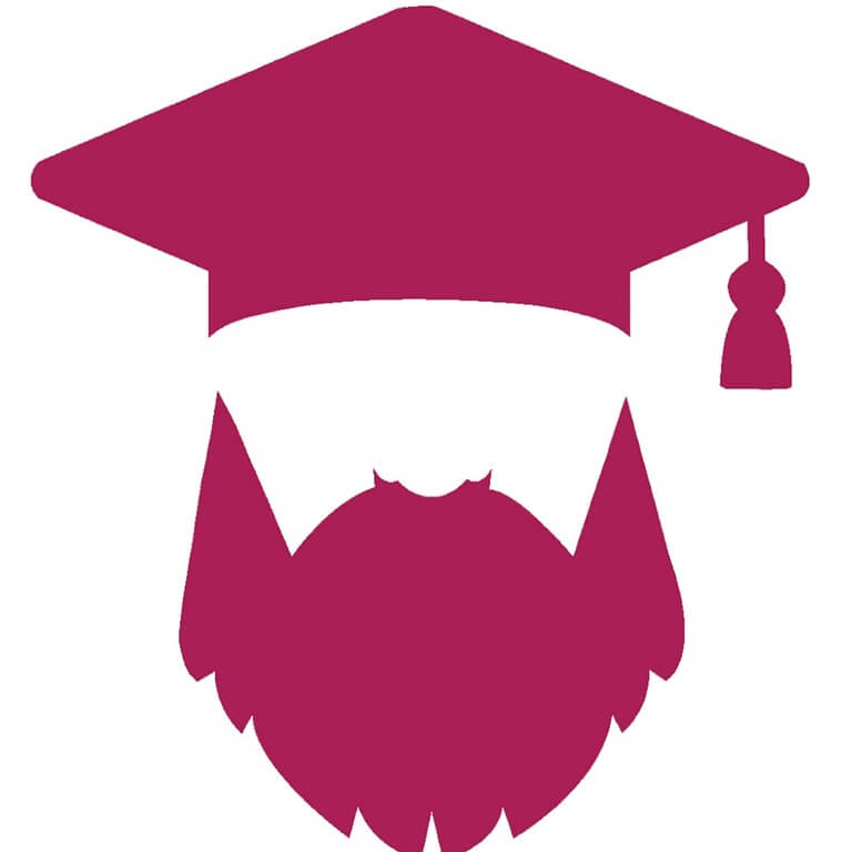 Bearded graduate icon with cap silhouette.