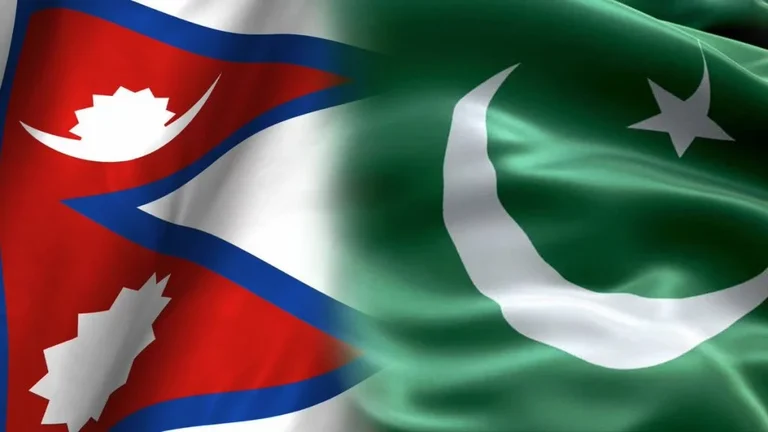 Nepal and Pakistan flags side by side waving.