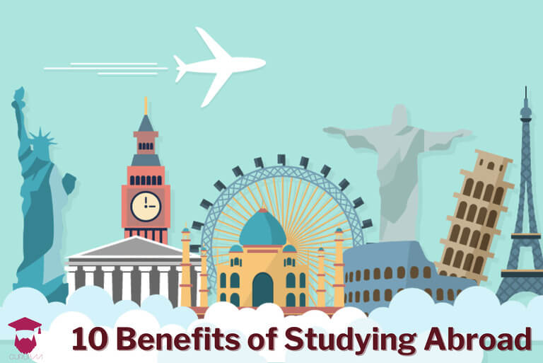 Study abroad benefits with global landmarks illustration.