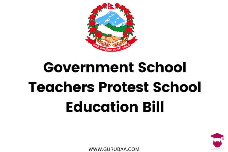 Teachers protest against school education bill with Nepal emblem.