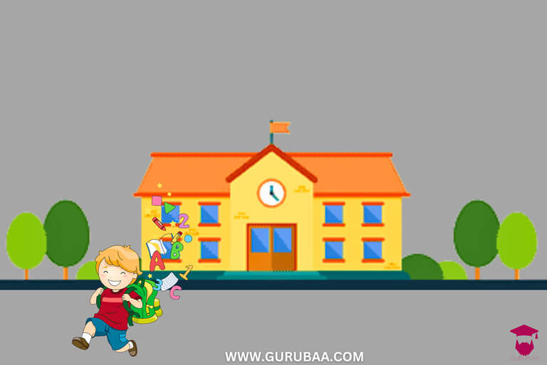 Child with backpack in front of school building illustration.