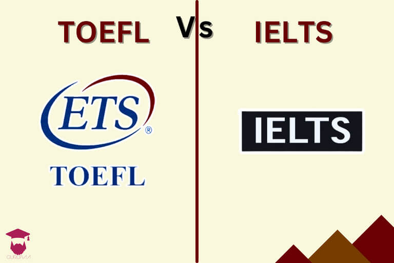 TOEFL vs IELTS comparison graphic.