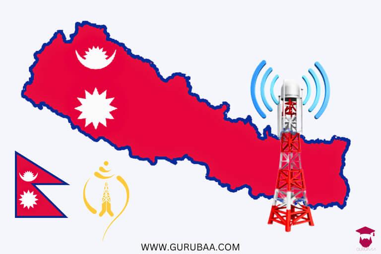 Nepal map with flag and telecommunications tower.