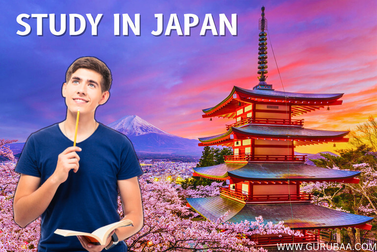 Study in Japan with scenic mountain view and cherry blossoms.