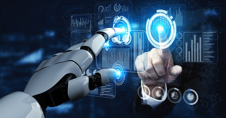 Robot and human interacting with virtual interface.