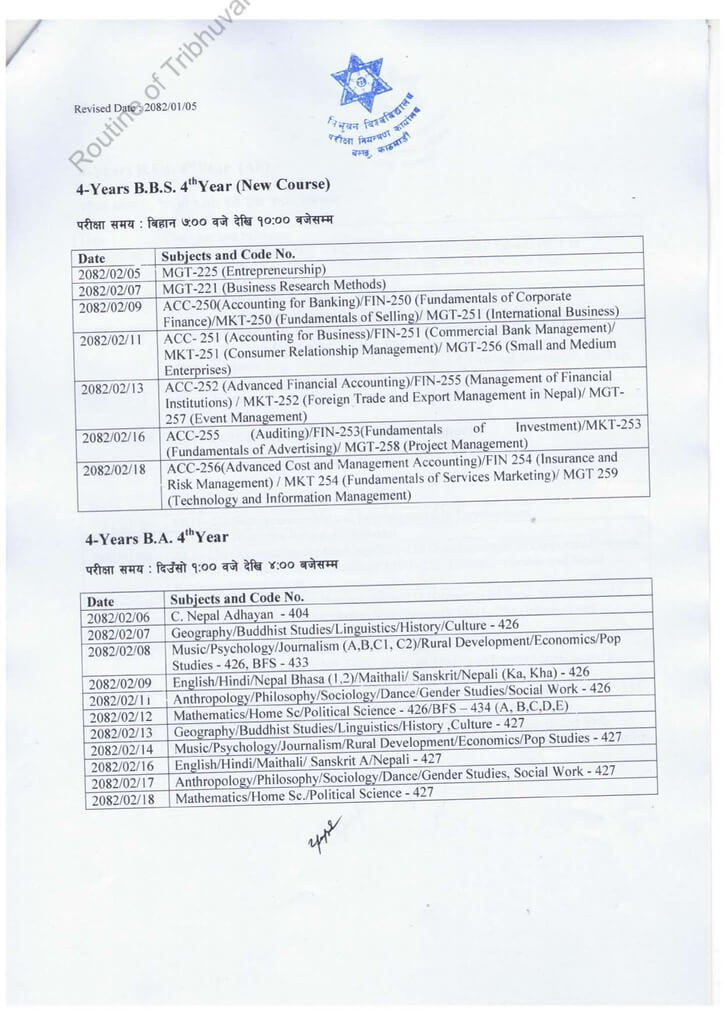 Exam Schedule of BBS and BA 4th year - 2081 TU 1 BBS and BA 4th year 1