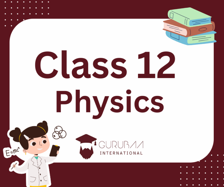 Class 12 Physics study guide with books and student cartoon.