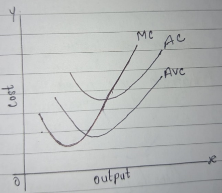 Cost-output graph with MC, AC, and AVC curves.
